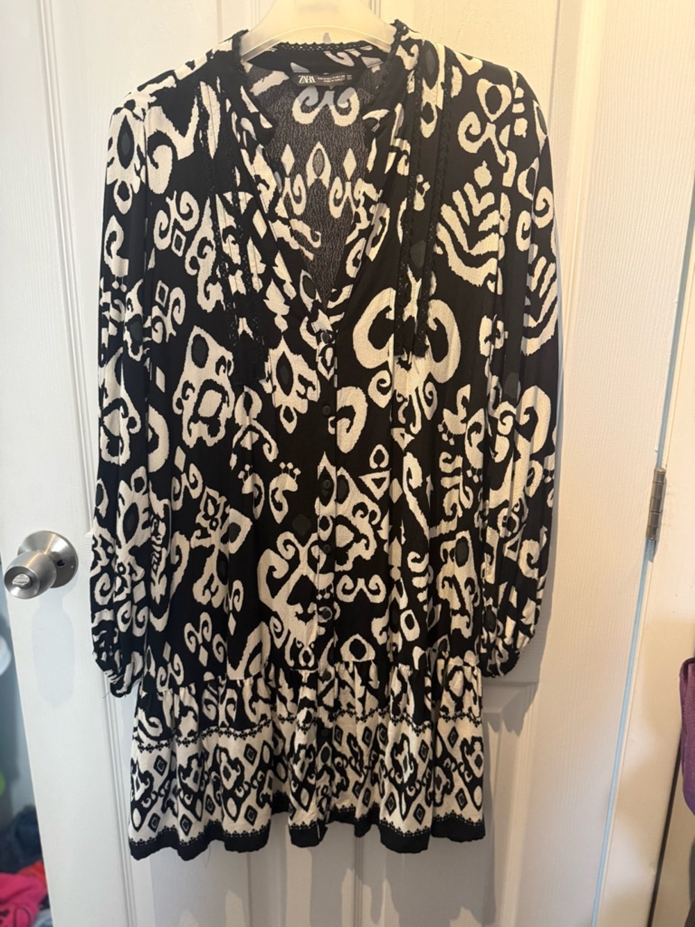 ZARA Black White Print Ruffle Hem Tunic Mini Dress Womens Size M